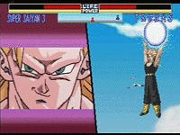 SSJ3 SonGoku prepares to block an attack by Mirai Trunks